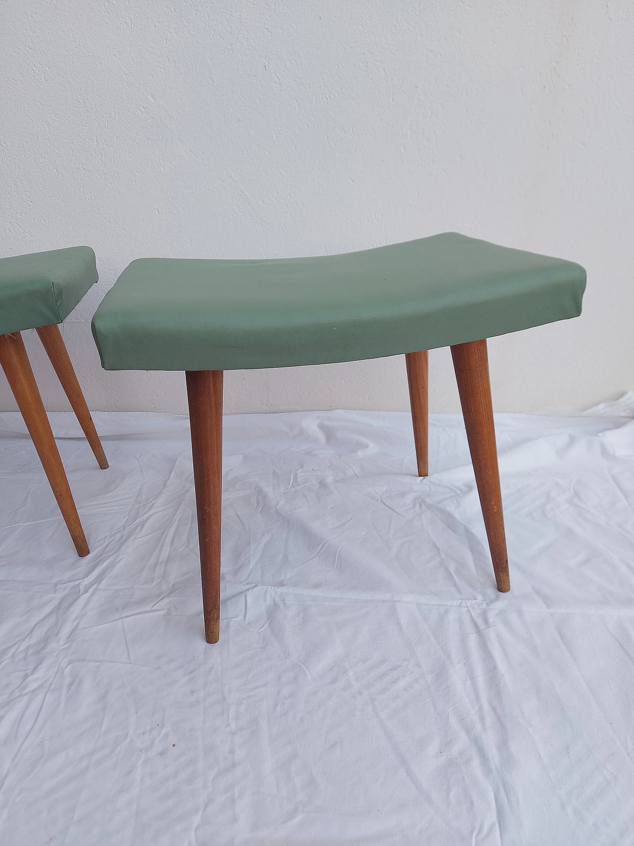 Pair of beech and cherry stools with leatherette seat, 1950s 4