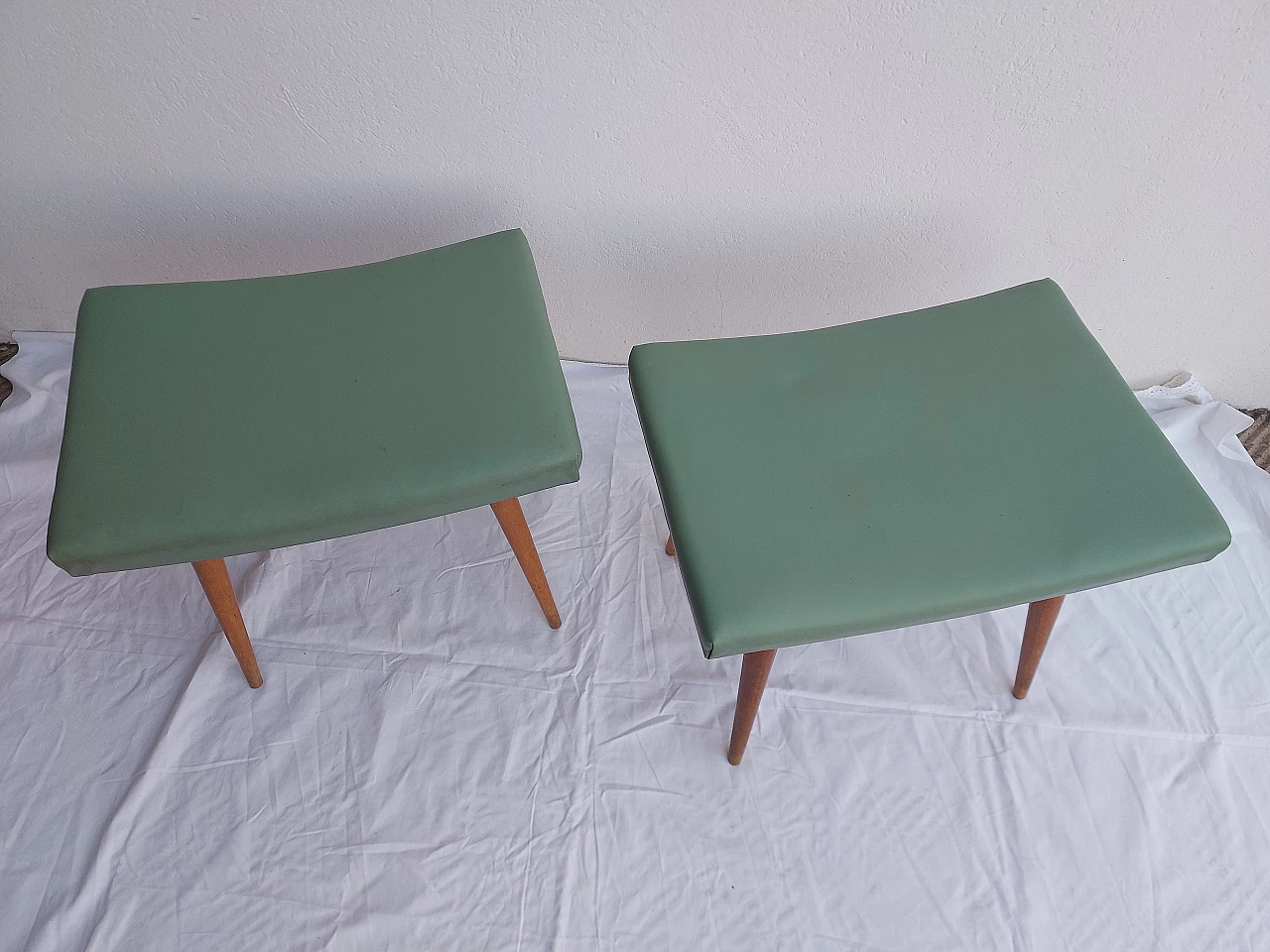Pair of beech and cherry stools with leatherette seat, 1950s 5