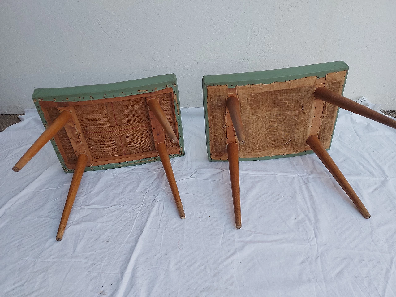 Pair of beech and cherry stools with leatherette seat, 1950s 6