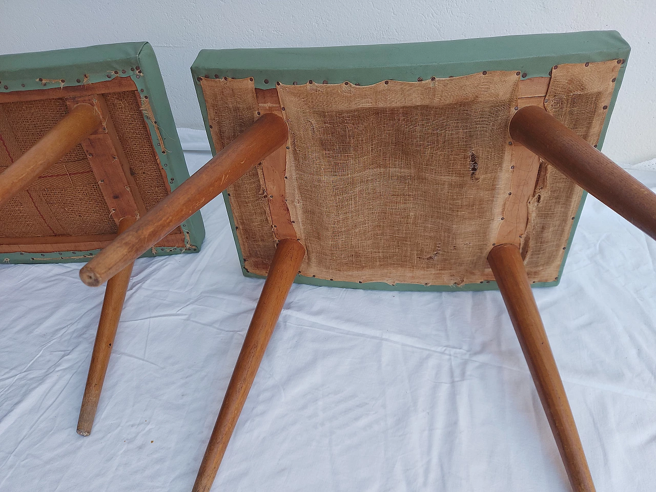 Pair of beech and cherry stools with leatherette seat, 1950s 8