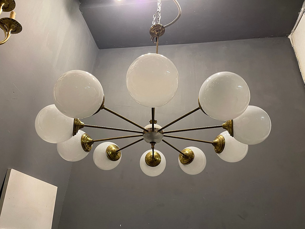Lampadario a dieci luci stile Sputnik in vetro e ottone, anni '60 5