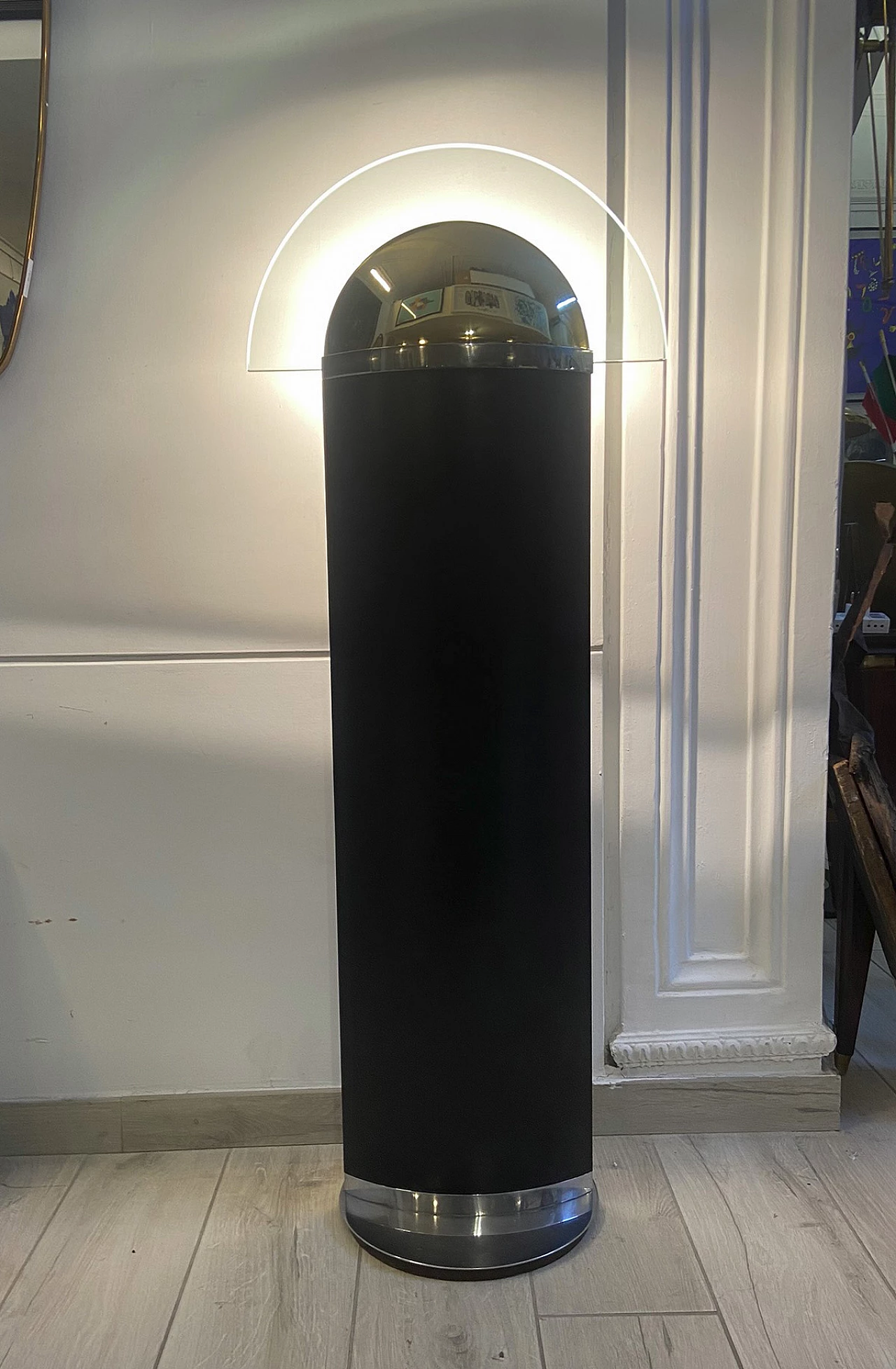 Leather, brass and glass floor lamp, 1980s 4