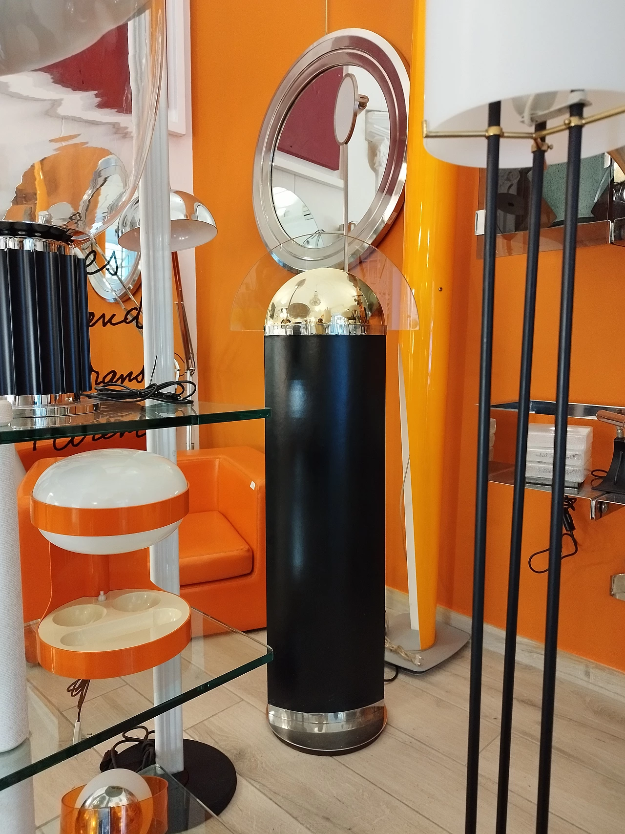 Leather, brass and glass floor lamp, 1980s 5