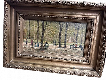 Olio su tavoletta raffigurante personaggi al parco, inizio '900