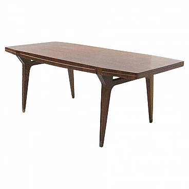 Tavolo in legno pregiato con gambe quadrate e terminale in ottone, anni '50
