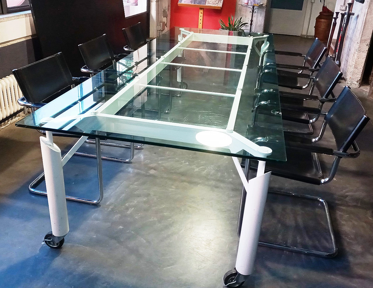 Meeting table with iron base and crystal top, 1980s 2