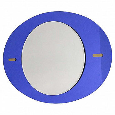Round mirror with oval blue glass frame in the style of Fontana Arte, 1950s