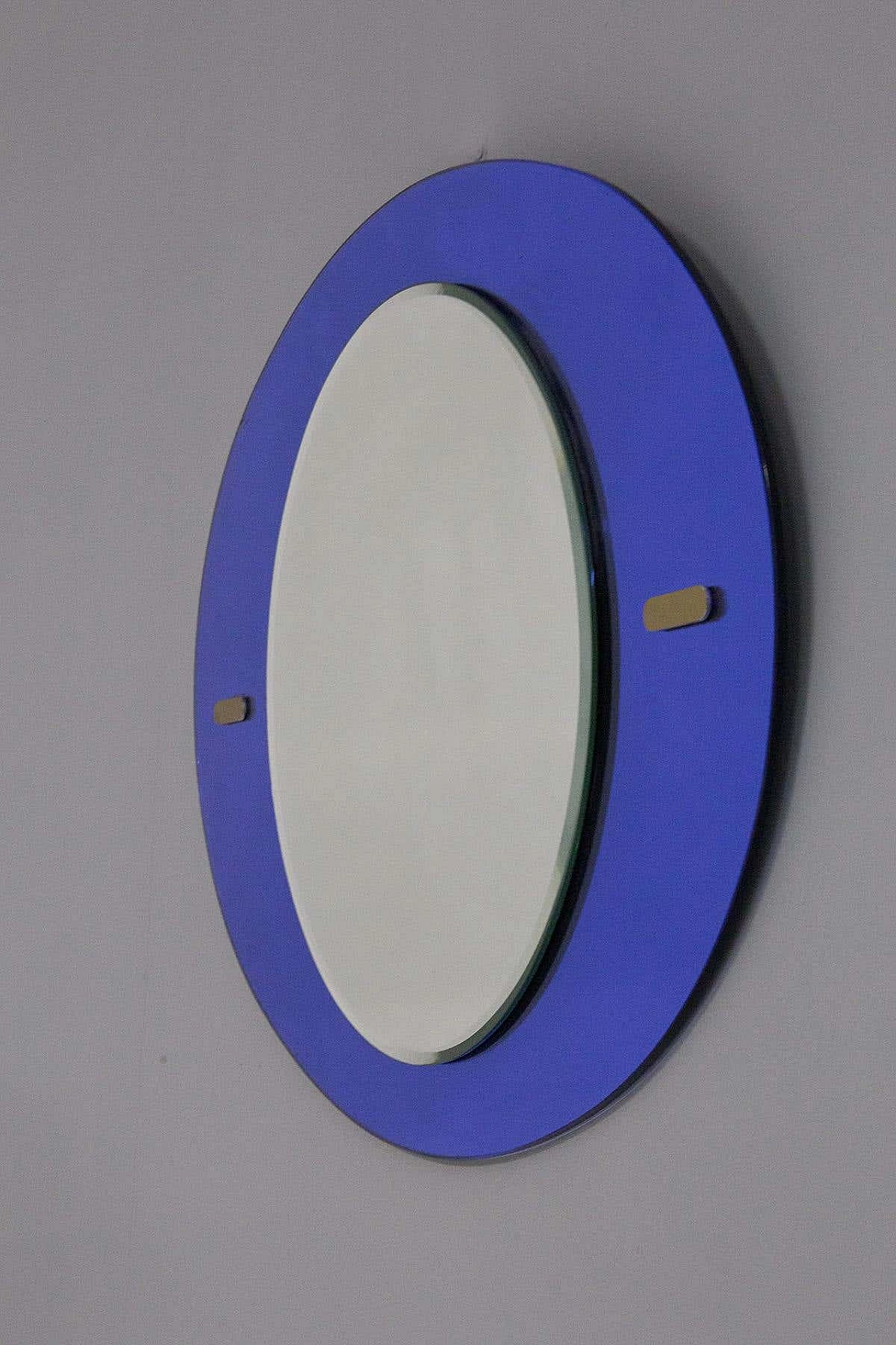Round mirror with oval blue glass frame in the style of Fontana Arte, 1950s 3