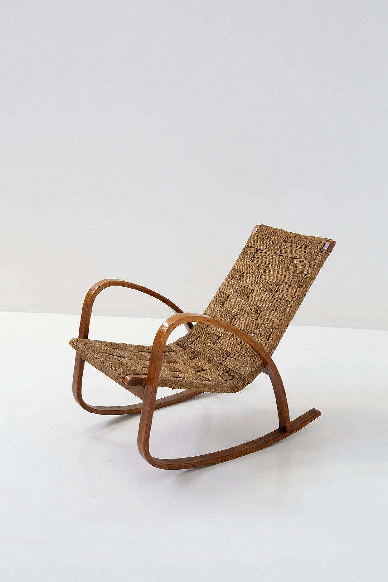 Rocking armchair in curved wood and rope, 1920s 1