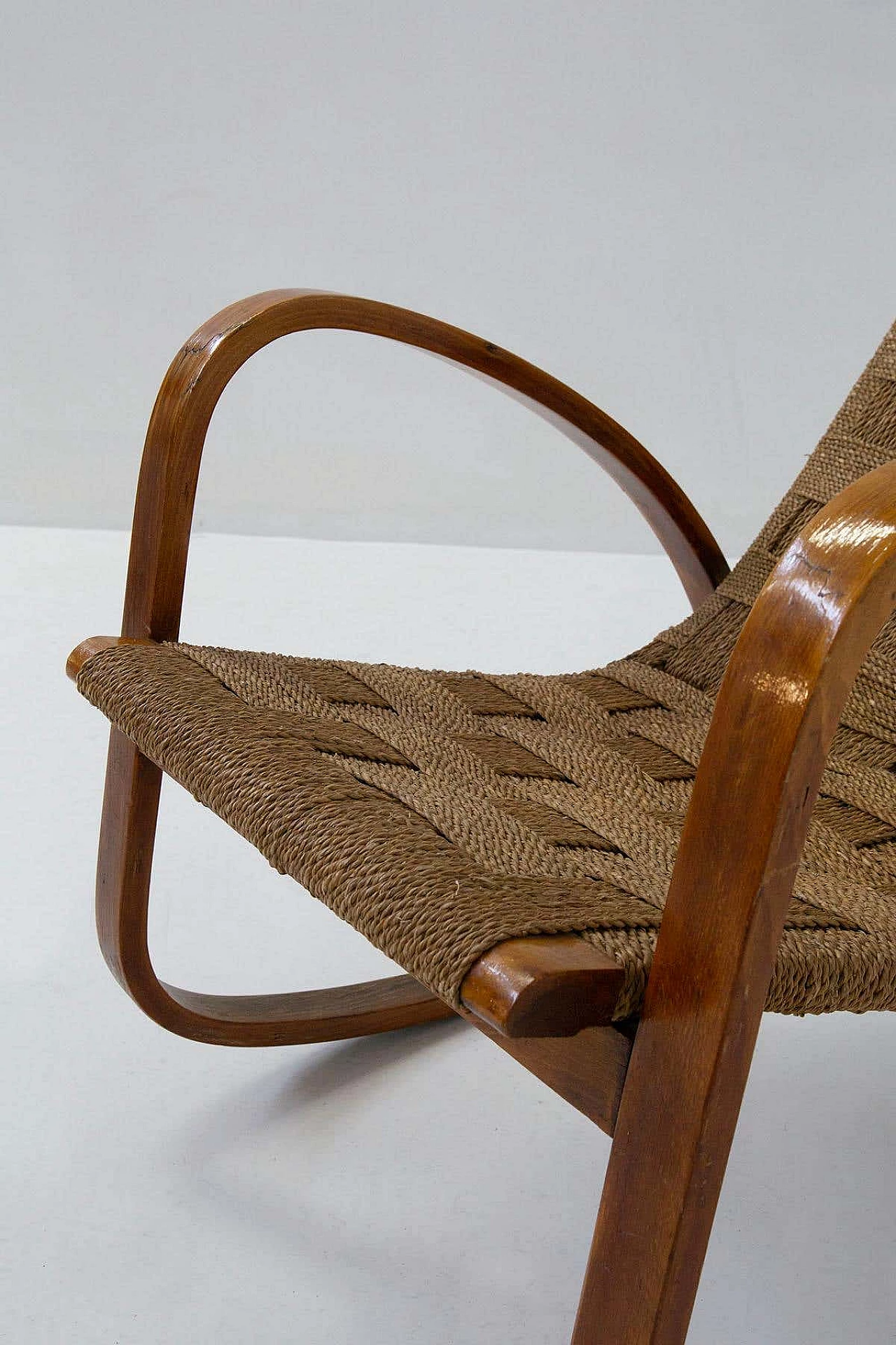 Rocking armchair in curved wood and rope, 1920s 6