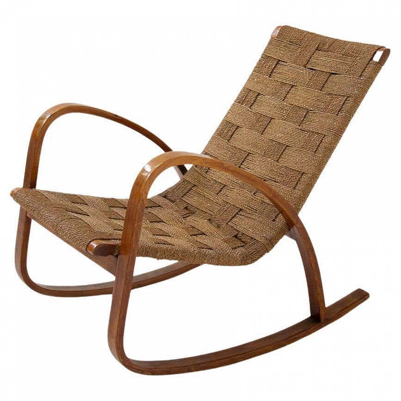 Rocking armchair in curved wood and rope, 1920s 9