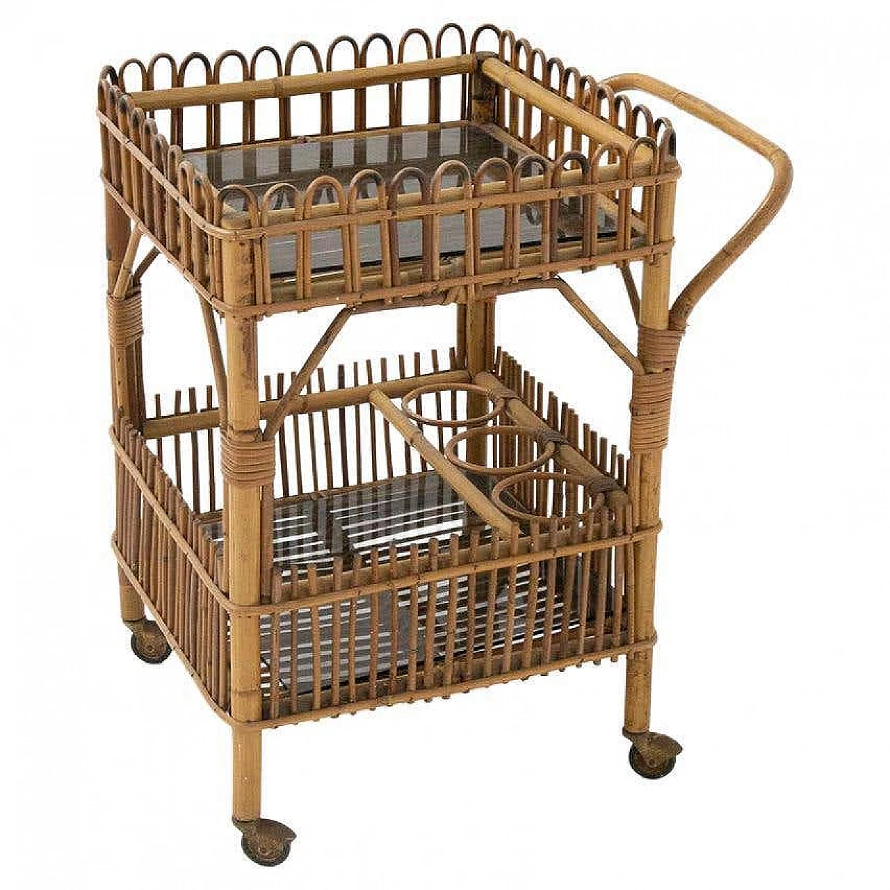 Carrello da bar in bambù, rattan e vetro nero, anni '50 9
