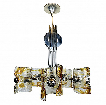 Lampadario in metallo e vetro di Murano di Toni Zuccheri, anni '70