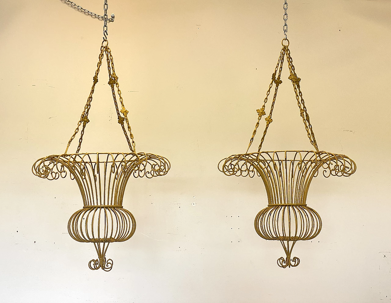 Pair of yellow lacquered iron ceiling planters, 1970s 1