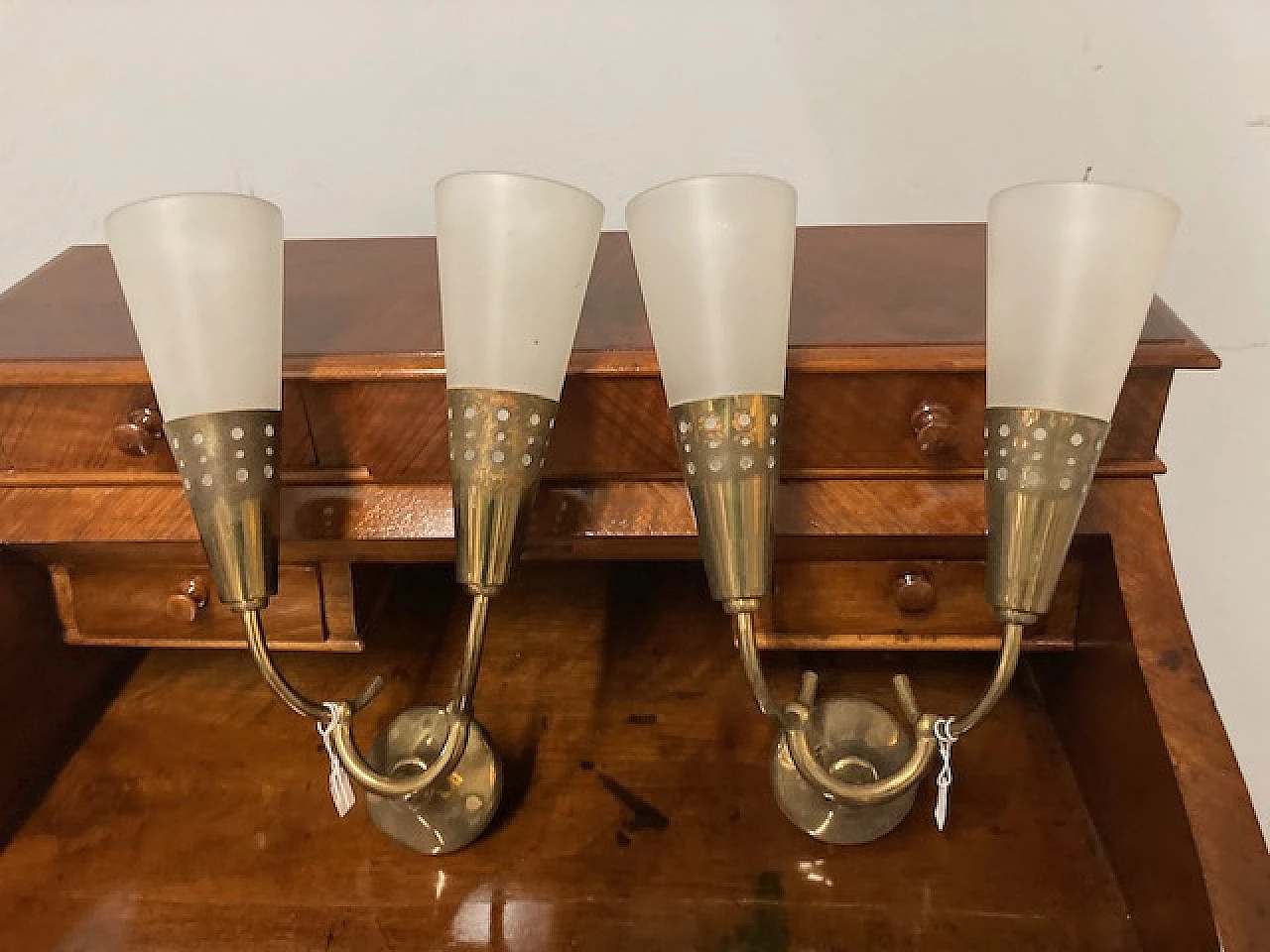 Pair of metal and glass wall lights by Oscar Torlasco, 1950s 1