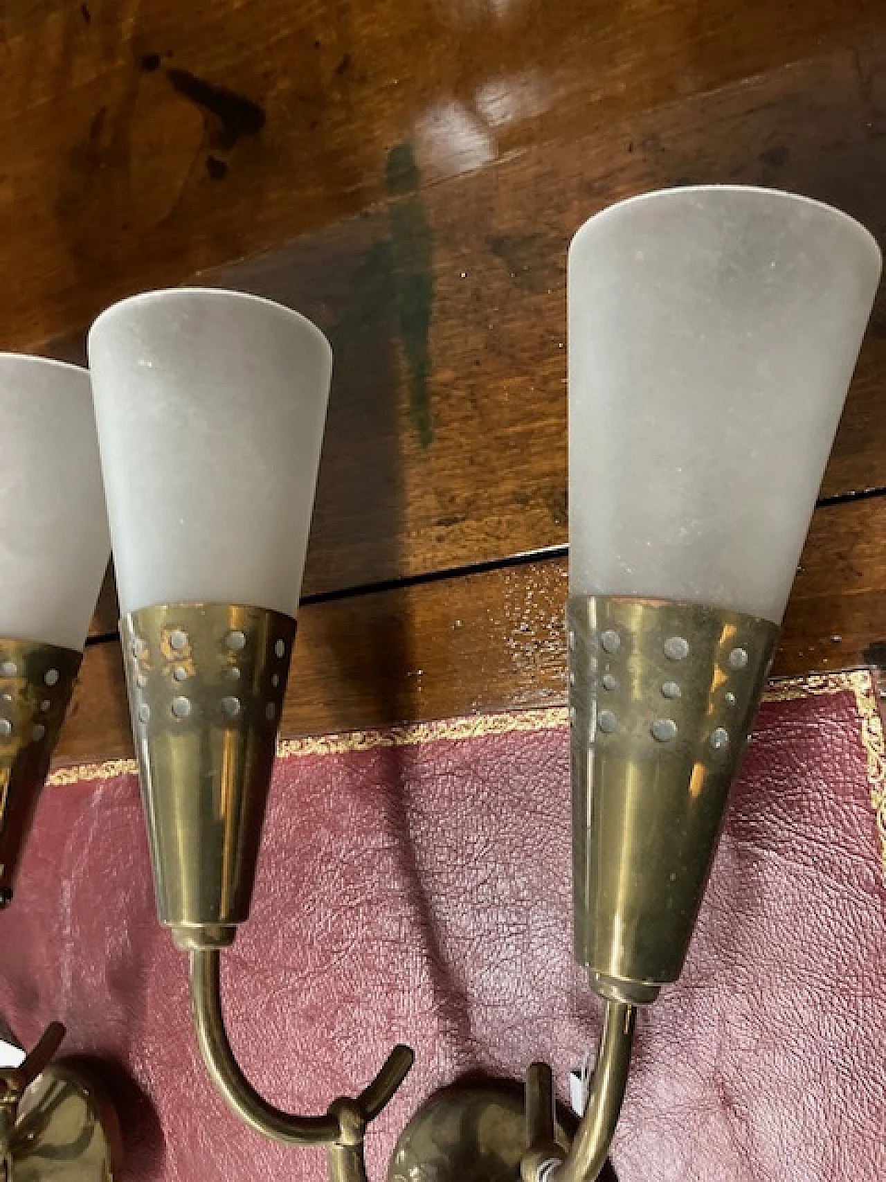 Pair of metal and glass wall lights by Oscar Torlasco, 1950s 5