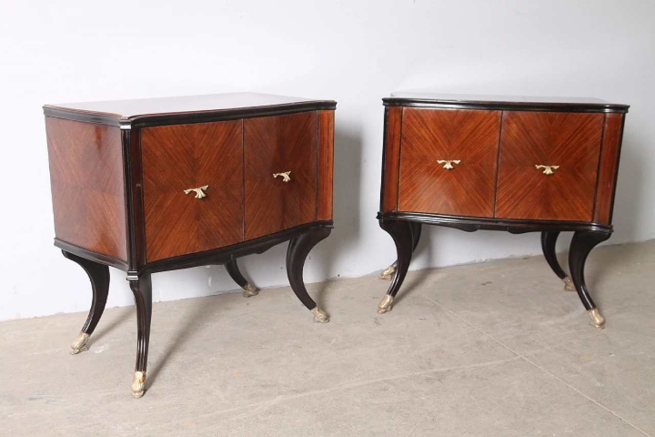 Pair of rosewood bedside tables with burgundy glass top, 1950s 1