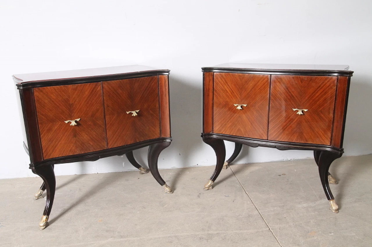 Pair of rosewood bedside tables with burgundy glass top, 1950s 4
