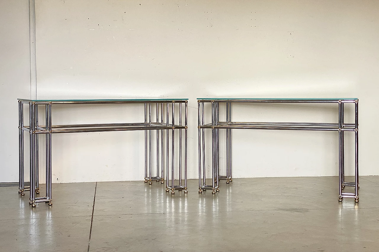 Pair of tubular steel console tables with glass top, 1970s 2