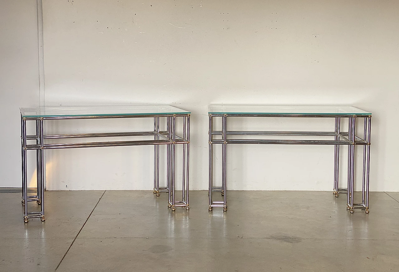 Pair of tubular steel console tables with glass top, 1970s 3