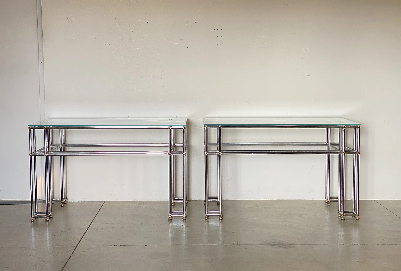Pair of tubular steel console tables with glass top, 1970s 4