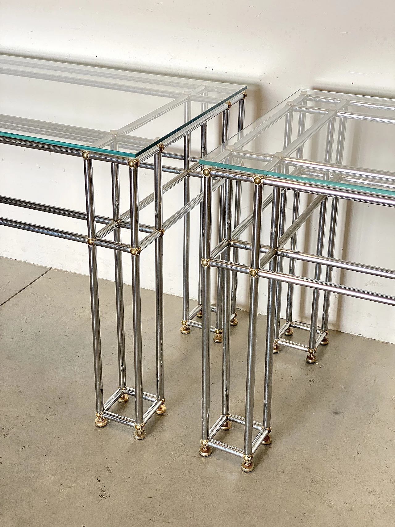 Pair of tubular steel console tables with glass top, 1970s 5