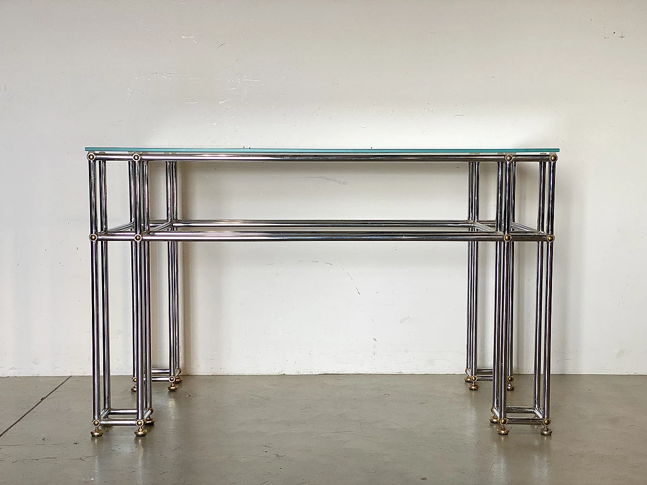 Pair of tubular steel console tables with glass top, 1970s 6