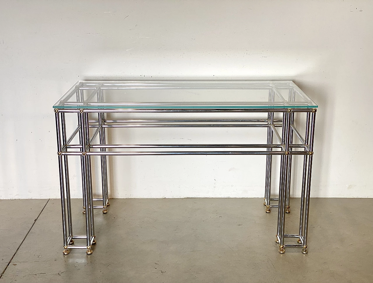 Pair of tubular steel console tables with glass top, 1970s 7