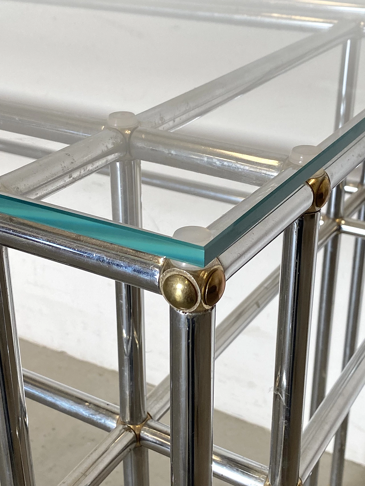 Pair of tubular steel console tables with glass top, 1970s 9