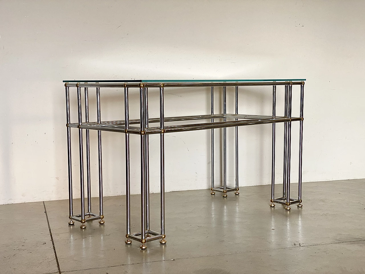 Pair of tubular steel console tables with glass top, 1970s 11