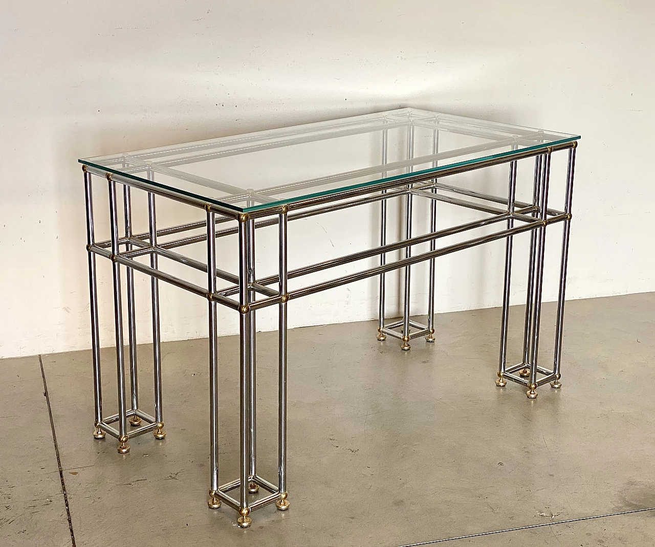 Pair of tubular steel console tables with glass top, 1970s 12