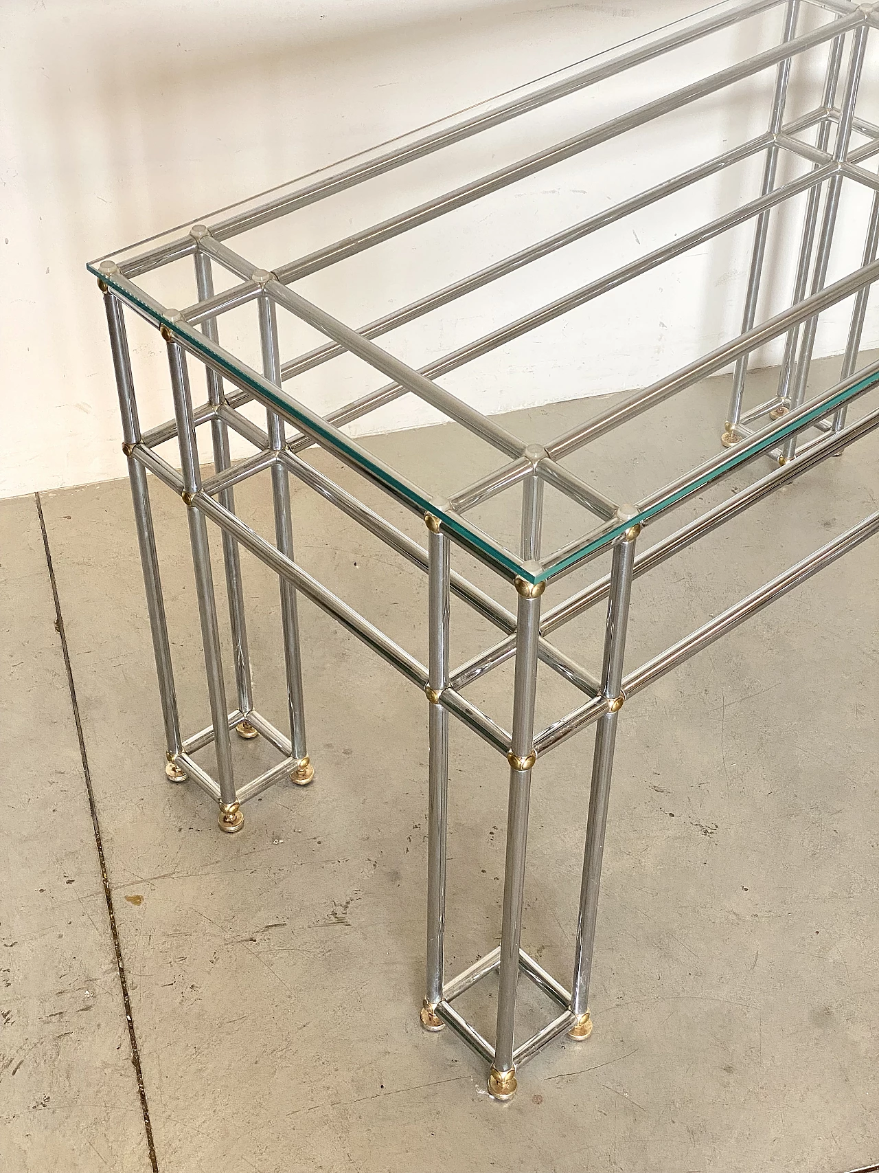 Pair of tubular steel console tables with glass top, 1970s 13