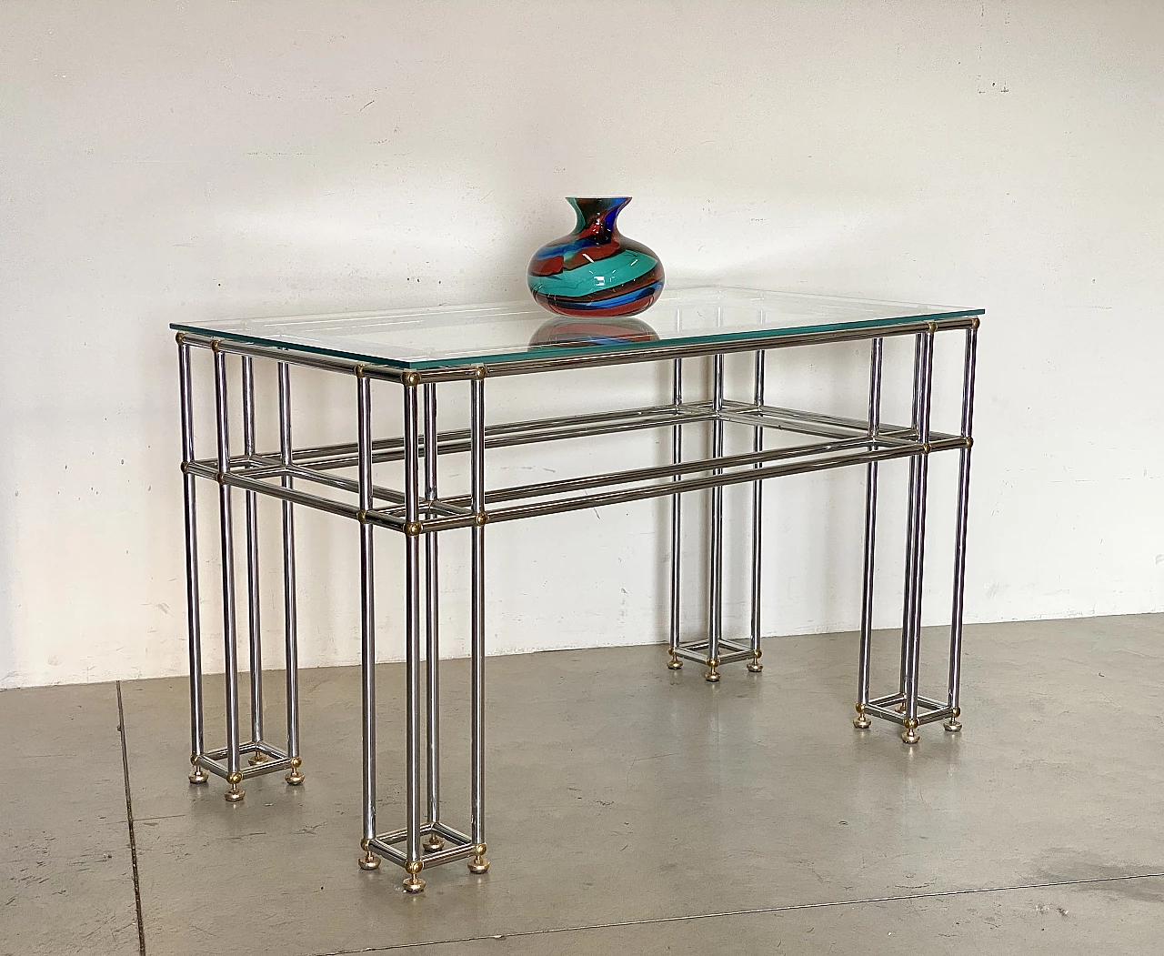 Pair of tubular steel console tables with glass top, 1970s 15