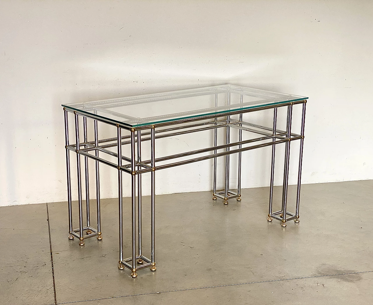 Pair of tubular steel console tables with glass top, 1970s 16