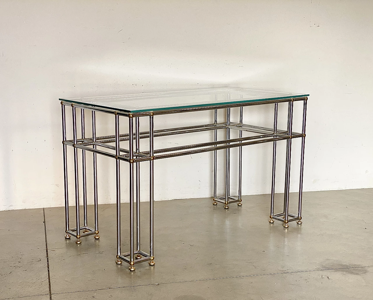 Pair of tubular steel console tables with glass top, 1970s 17