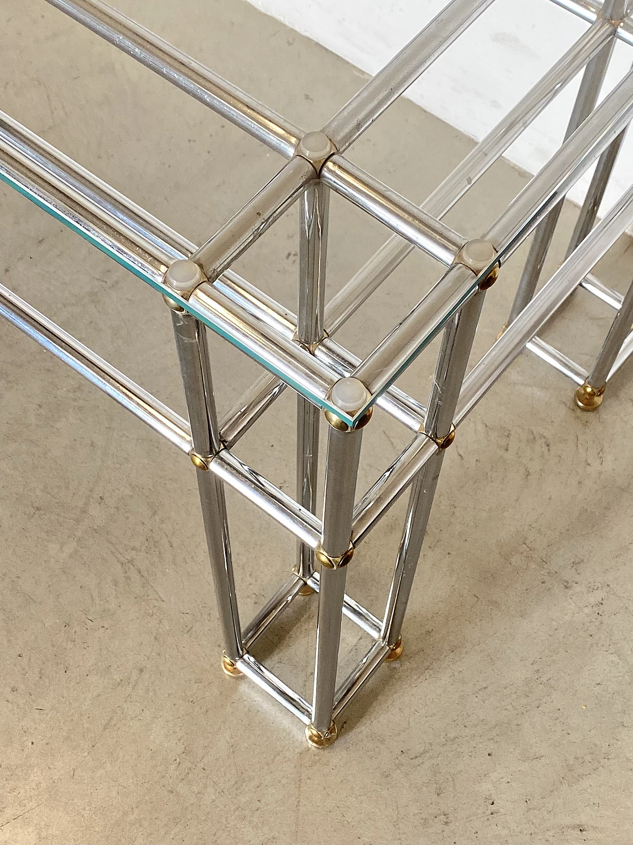 Pair of tubular steel console tables with glass top, 1970s 18
