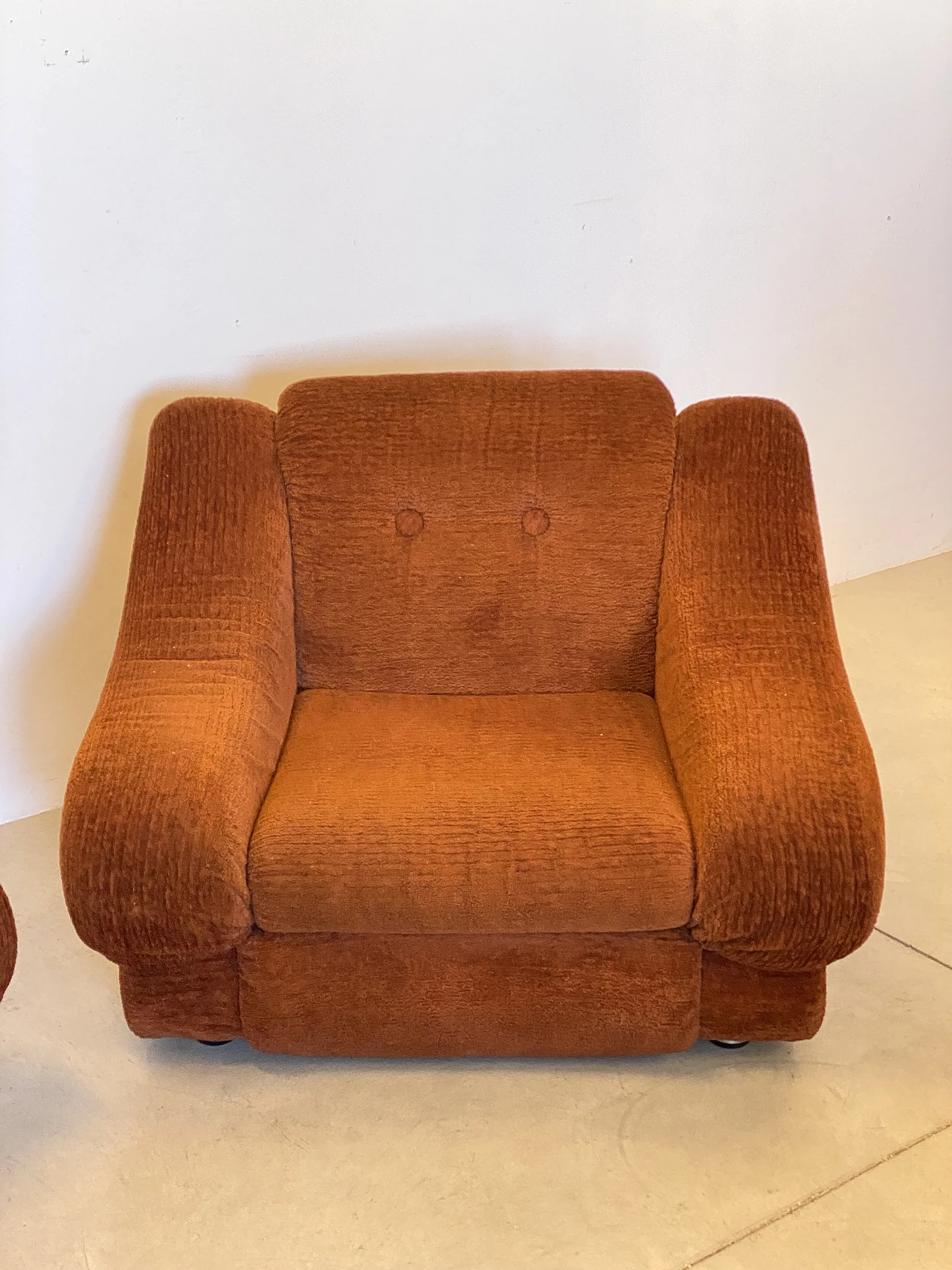 Pair of brick-coloured fabric armchairs with aluminium frames, 1970s 2