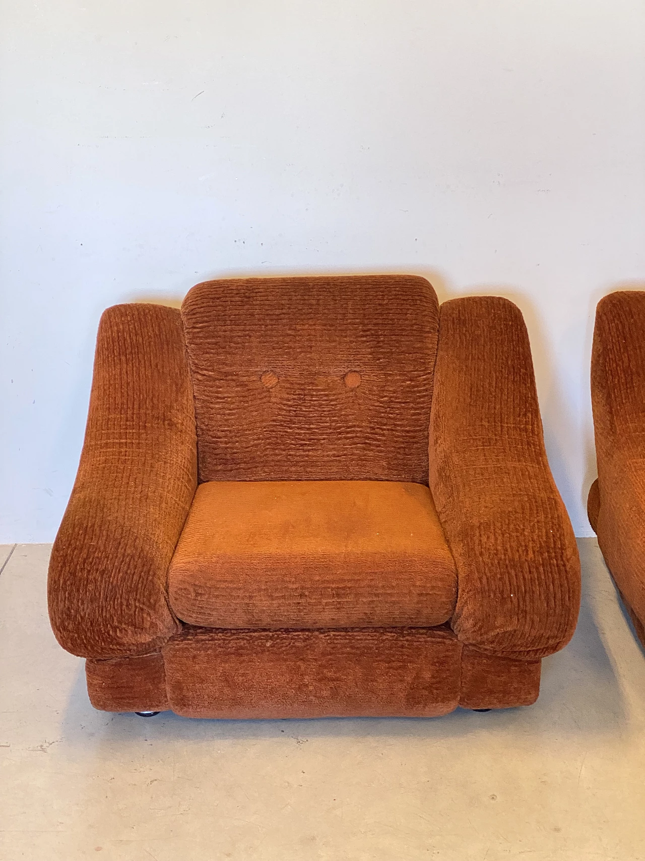 Pair of brick-coloured fabric armchairs with aluminium frames, 1970s 4