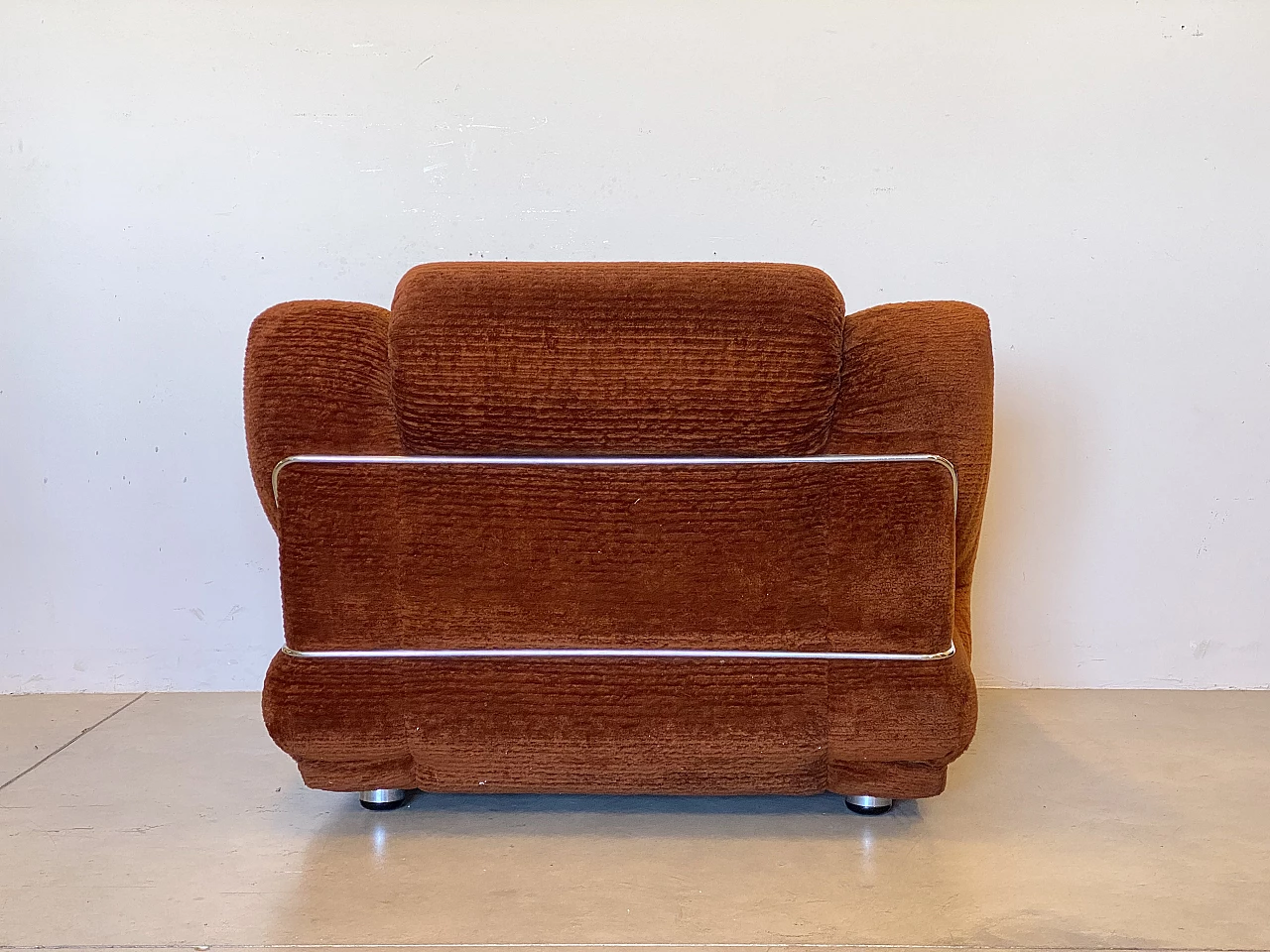 Pair of brick-coloured fabric armchairs with aluminium frames, 1970s 8