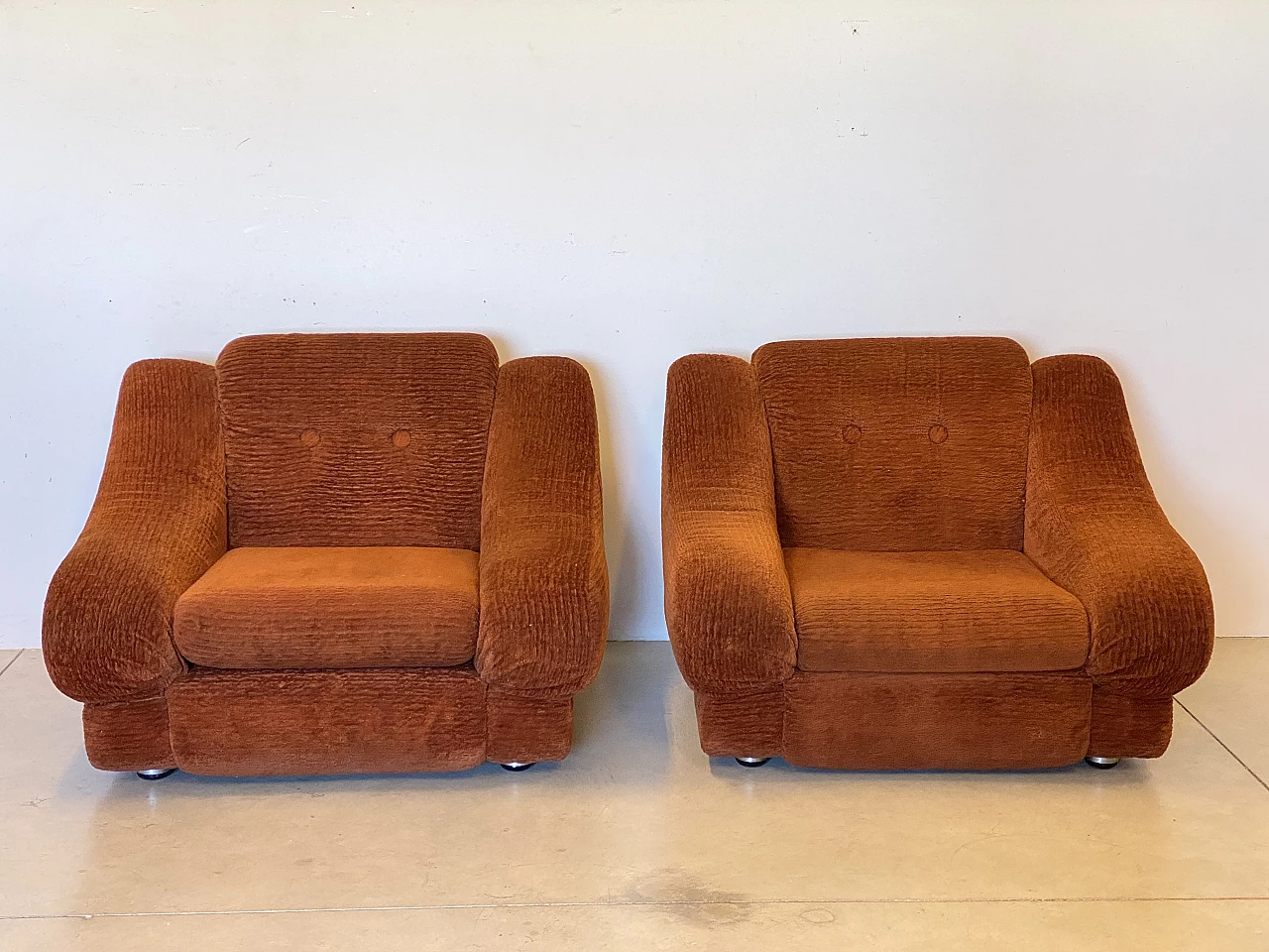 Pair of brick-coloured fabric armchairs with aluminium frames, 1970s 13