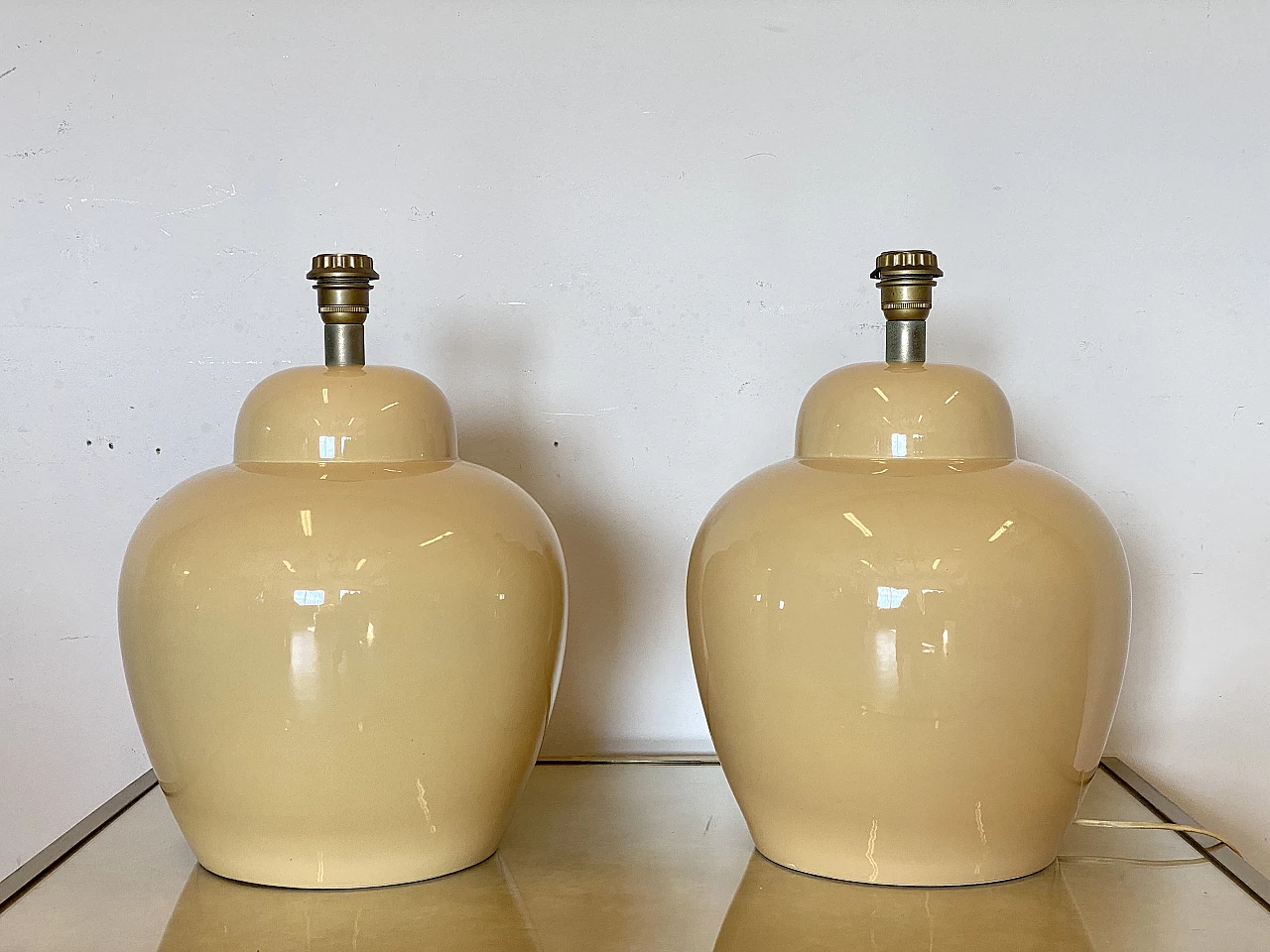 Pair of ceramic table lamps with fabric shade, 1970s 1