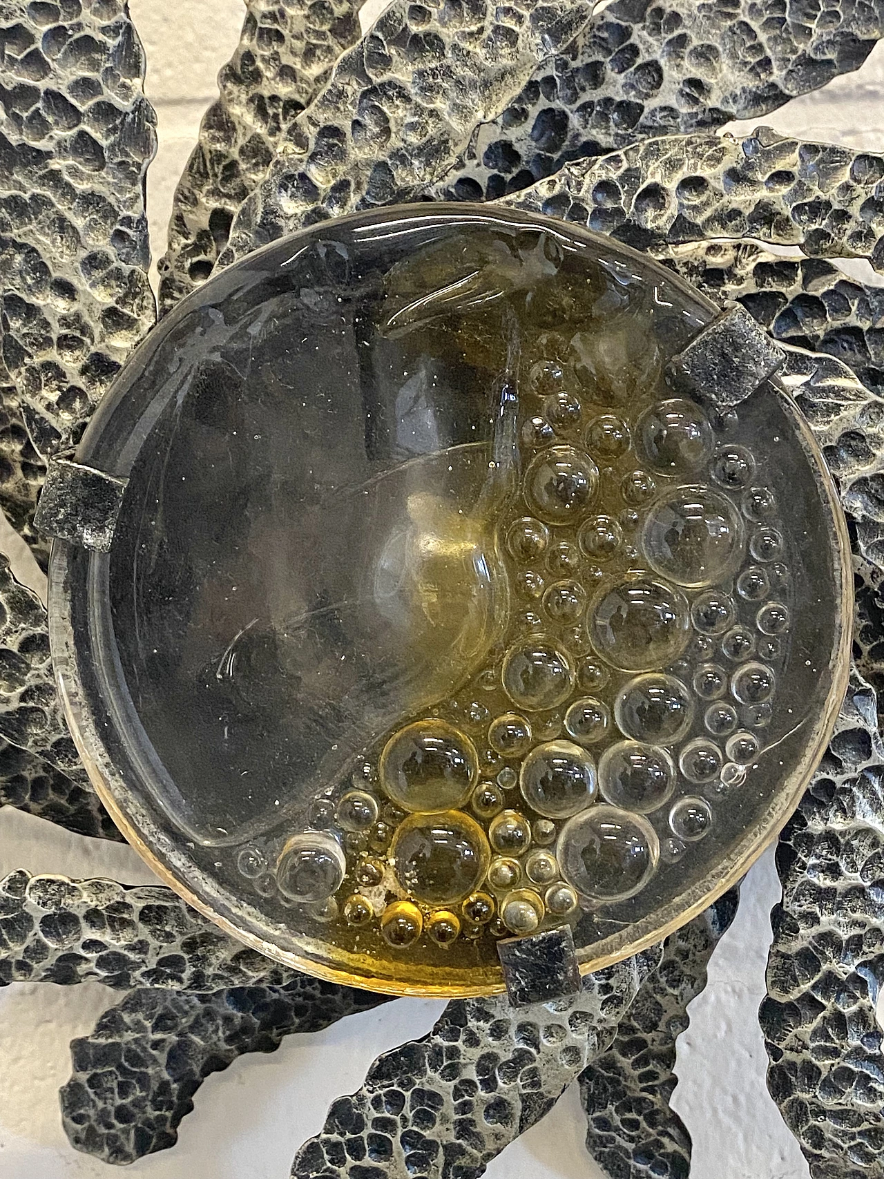 Brutalist two-light wall lamp in wrought iron and glass, 1960s 11