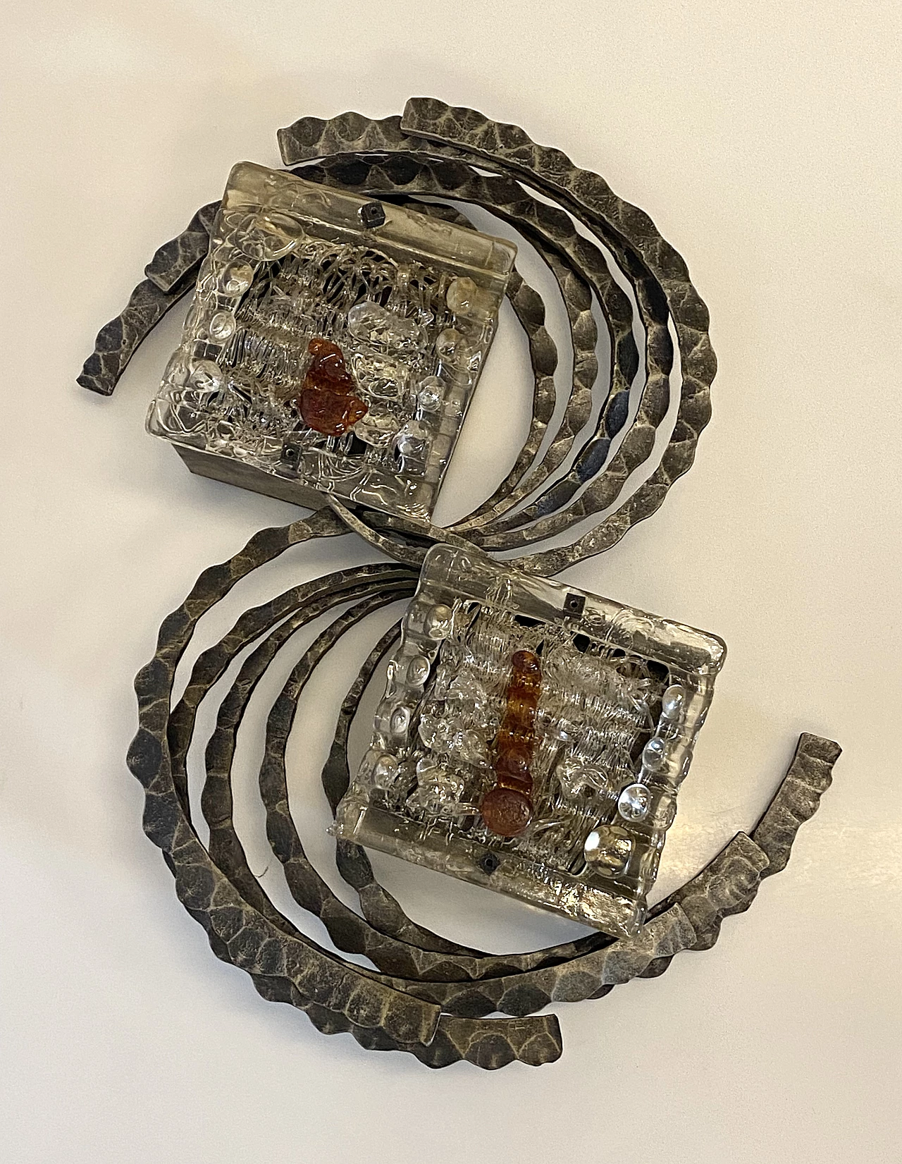 Brutalist wrought iron and glass wall lamp, 1960s 2