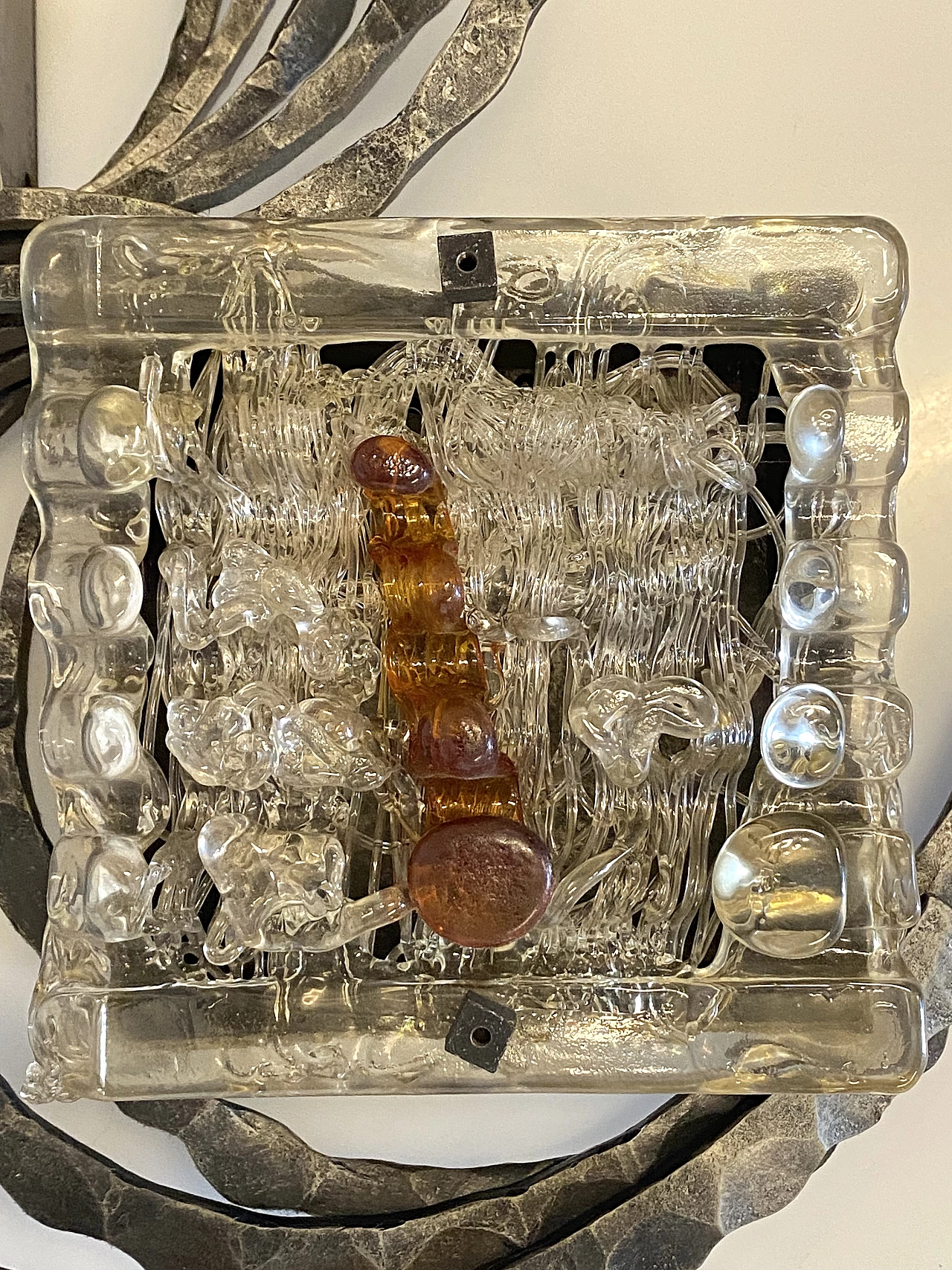 Brutalist wrought iron and glass wall lamp, 1960s 3