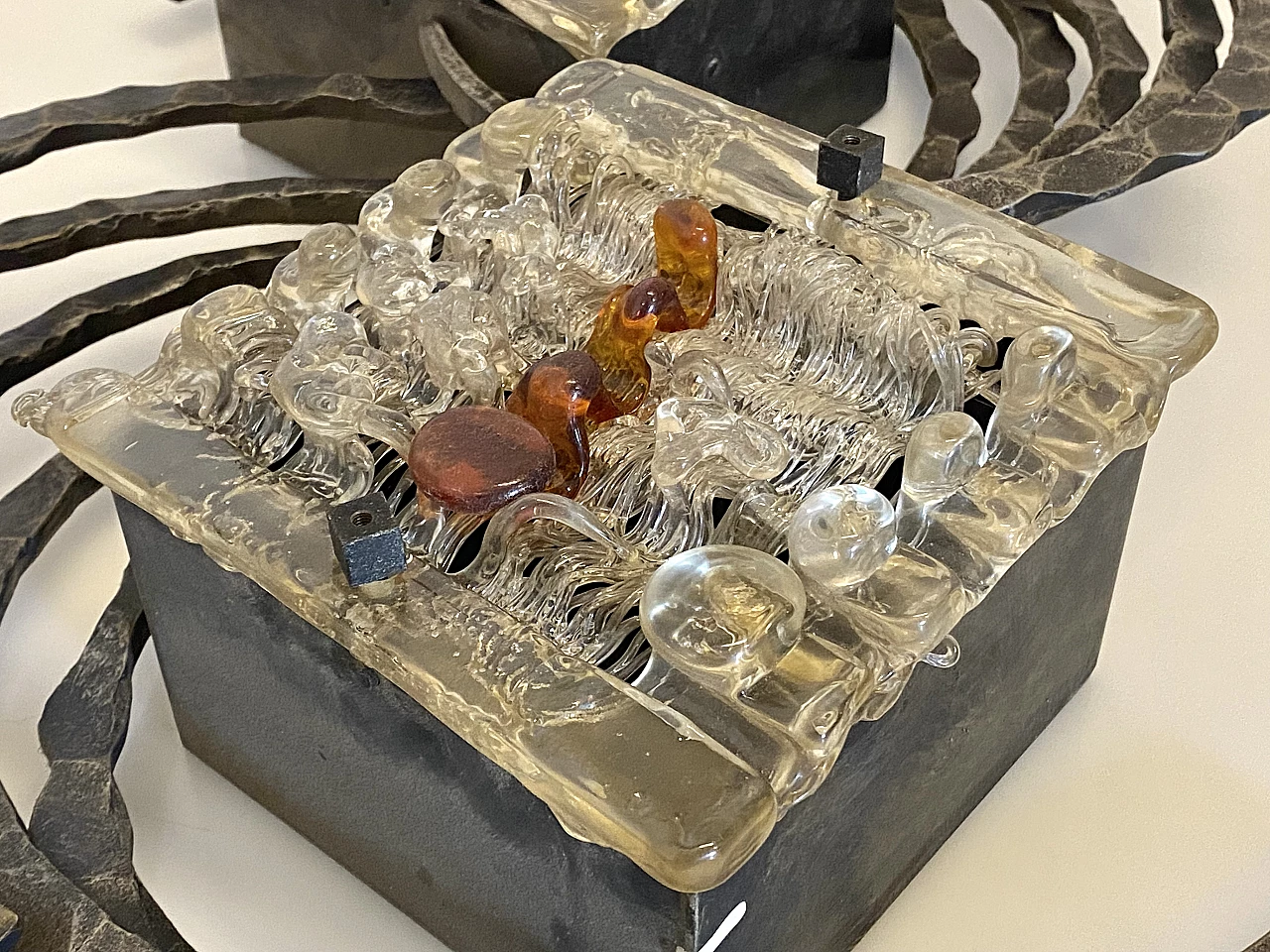 Brutalist wrought iron and glass wall lamp, 1960s 4