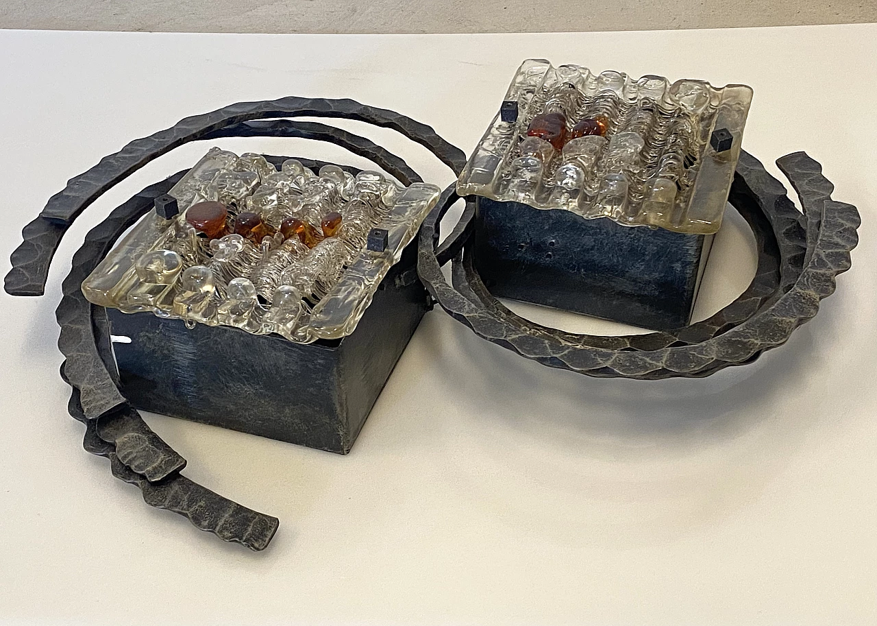 Brutalist wrought iron and glass wall lamp, 1960s 9