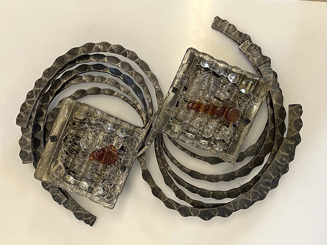 Brutalist wrought iron and glass wall lamp, 1960s 10