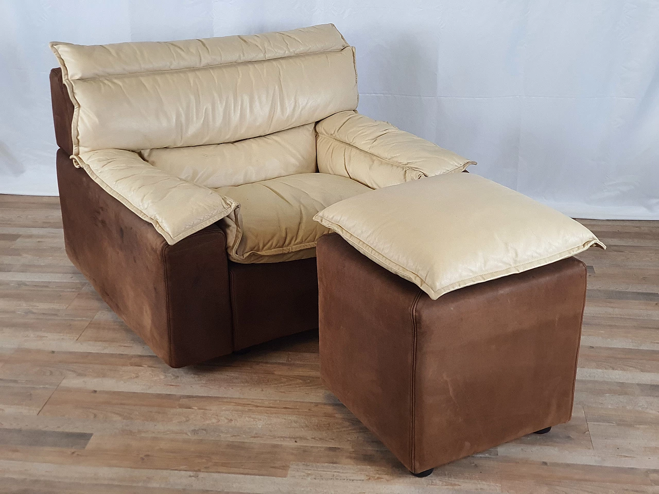 Leather and suede armchair with footstool, 1970s 1