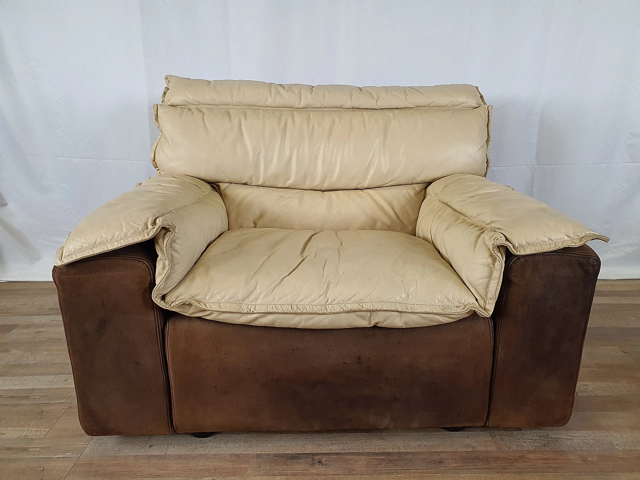 Leather and suede armchair with footstool, 1970s 2