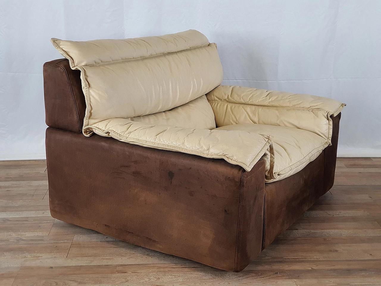 Leather and suede armchair with footstool, 1970s 6